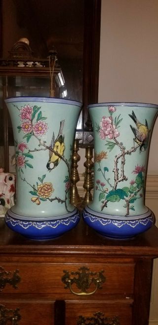 Pair Antique Gien French Faience Pottery 13 1/2 " Vases Birds & Peonies