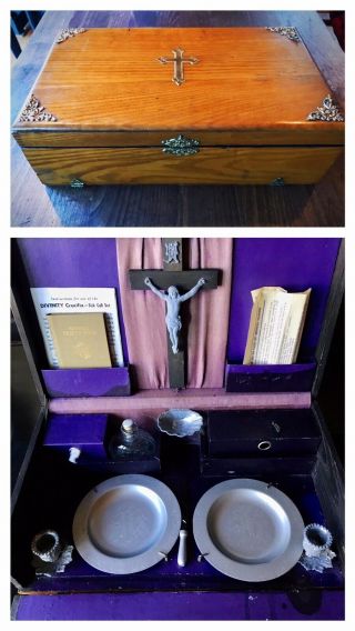 Antique 1921 Last Rite Sick Call Communion Catholic Wood Box & 1941 Prayer Book