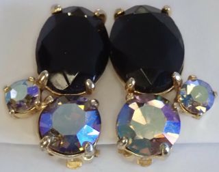 Vintage Schiaparelli Gold Plate Aurora Borealis Black Rhinestone Earrings