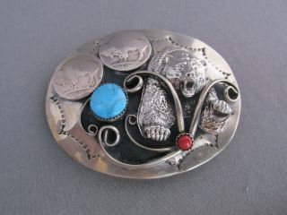 Vintage Old Pawn Nickle Silver Bear Turquoise Coral Buffalo Nickle Belt Buckle