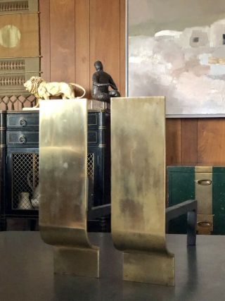 Vintage Modernist Bronze Brass Fireplace Andiron Log Holder Signed ‘mk 1974’ Mcm