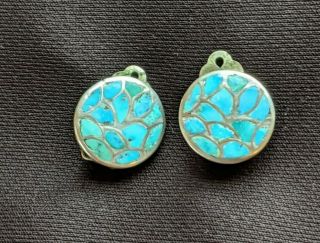 Vintage American Sterling Silver Clip On Earrings With Turquoise Inlay