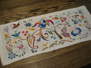Vtg Jacobean Crewel Finished 11 " X 26 1/2 " Multi - Colored Bird,  Flowers,  Leaves