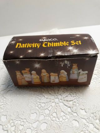 Vintage 1986 Enesco Designed Giftware Nativity Thimble Set 8 Pc.  Porcelain,  Euc