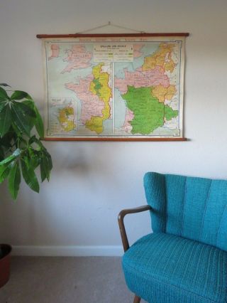 Vintage Roll Down School Wall Map Of England & France In The Middle Ages 1957