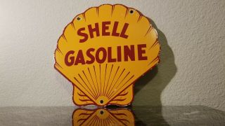 Vintage Shell Gasoline Porcelain Clam Shell Gas Service Station Pump Plate Sign