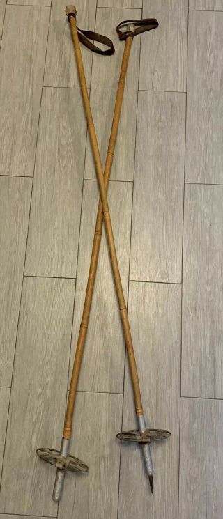 Vintage 54” Bamboo Ski Poles With Leather Straps And Baskets