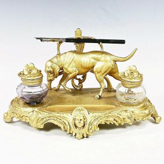 Antique French Inkwell Large Bronze Double Glass Reservoir And Dog Figurine