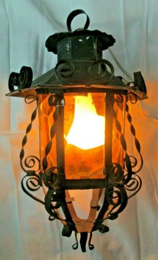Art Deco Ornate Iron Wrought Electric Hanging Swag Glass Shades Lamp Lantern
