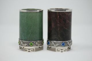 Fine Old Chinese Silver Hard Stone Jade Enamel Pen Holders Stamped Silver
