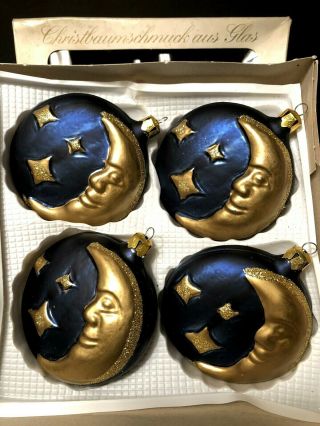 Vintage German Glass Christmas Tree Ornaments,  Moon & Stars,  Blue Gold Set Of 4