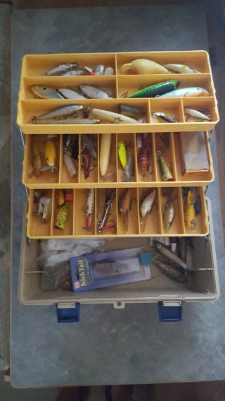 Vintage Tackle Box Chock Full Of Old Antique Fishing Lures Wood & Plastic Baits