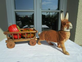 , Antique,  German Paper Mache / Candy Container / Bunny / Pull Wooded Cart C1920