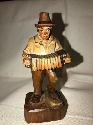 Vintage Italian Anri Wooden Hand - Carved Man Playing Accordion Musician 5”