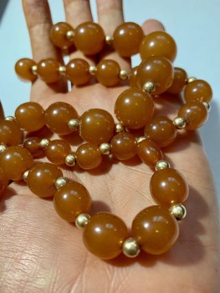Antique Baltic Egg Yolk Butterscotch Amber With 18kt Gold Round Bead Necklace