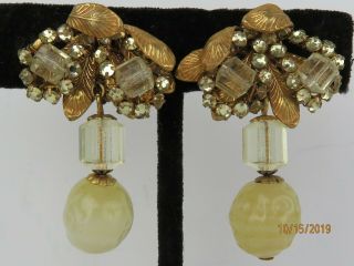 Rare Vintage Signed Miriam Haskell Rhinestone Glass Gold Tone Clip Earrings