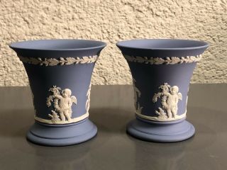 Vintage Wedgewood Jasperware Blue Neoclassical Sm Trumpet Vase,  Pair