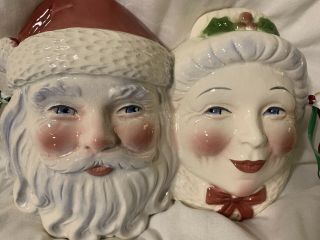 Vintage Santa And Mrs.  Clause Face Clay Art Wall Hanging Ceramic