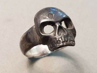 Rare Antique Handmade Memento Mori Skull Silver Rocker Punk Bikers Ring