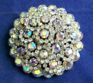 Vintage Signed Warner Clear Ab Rhinestone Domed Cluster Statement Pin Brooch