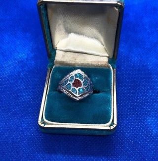 Vintage Sterling Silver Navajo Turquoise Coral Ring Size 8.  5