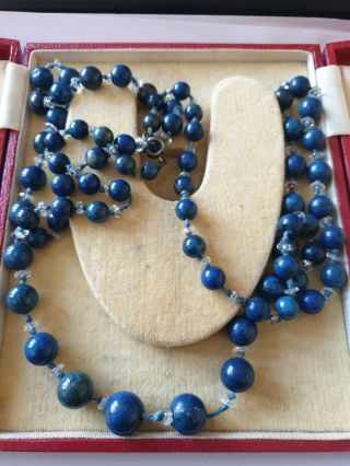 Vintage Art Deco Flapper Lapis Lazuli And Glass Spacer Graduated Bead Necklace