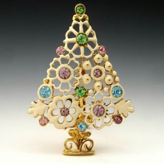 Vintage Mylu Pastel Rhinestone Cream Enamel Flower Christmas Tree Brooch Pin