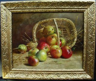 Large 19th Century Still Life Apples & Basket Antique Oil Painting