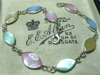 Vintage Style Sterling Silver Rainbow Mother Of Pearl Panel Link 7.  5 " Bracelet