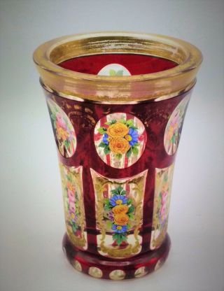 Antique Bohemian Tumbler Beaker,  Ruby Stained,  Clear Cut Glass,  Painted Flowers