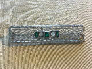 Antique Vintage Silver Tone Filigree Bar Pin Brooch With Green & Clear Rhineston