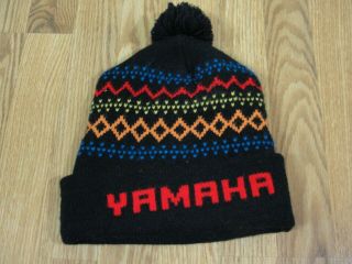 Vintage Yamaha Snowmobile Stocking Knit Winter Hat Cap Pom Pom Ball Black