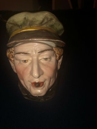 Antique Majolica Figural Head Tobacco Humidor Jar Man W/ Cap Cigar 1900s Ceramic