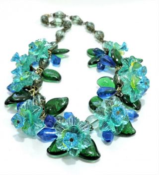 Vintage Aqua Blue Green Flowers Leaves Lampwork Art Glass Bead Necklace Oc19811a