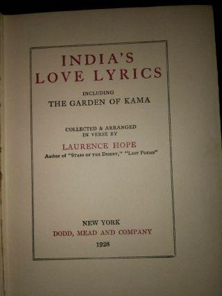 INDIA ' S LOVE LYRICS romantic poetry compiled by LAURENCE HOPE 1928 VGC HC 2