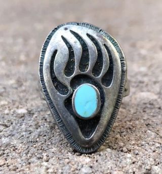 Vintage Navajo Sterling Silver Turquoise Bear Claw Shadowbox Ring