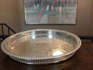 15” Vintage Wm Rogers Silver Plated Round Cocktail Tray Floral Pattern