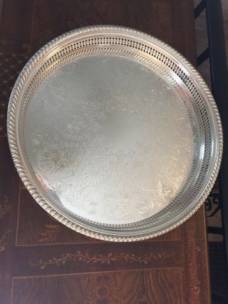 15” vintage Wm Rogers silver plated round cocktail tray Floral Pattern 3