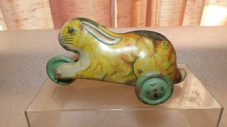 Vintage Tin Litho J Chein Hopping Rabbit Wheeled Toy F