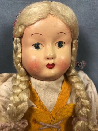 Vintage 11 1/2” Cloth Doll With Composition Hand Painted Face Mohair Braids 7k