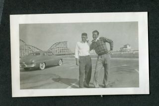 Vintage Car Photo Men W/ 1950 Mercury By Roller Coaster Amusement Park 389058