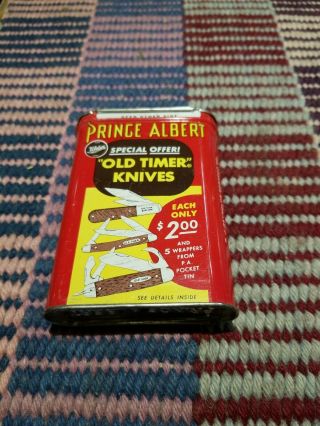 Vintage Prince Albert Pipe & Cigarette Tobacco Tin Can Old Timer Knives Offer