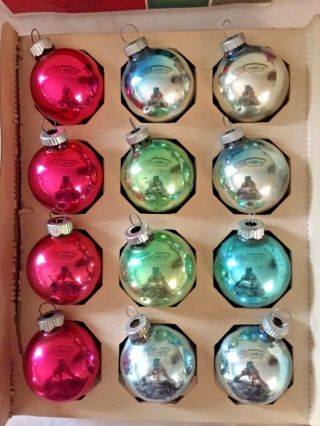 12 Vintage Shiny Brite Glass Ornaments,  Box,  4 Pink & Turquoise & Green