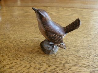 Vintage Wren Wooden Bird Figurine Hand Carved & Painted