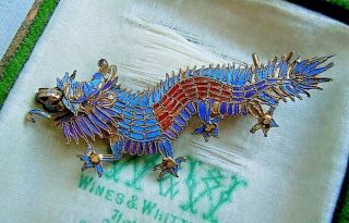 Antique Chinese Kingfisher Feather Inlay Dragon Pin Gold Over Silver