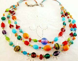 Vintage Long Murano Art Glass Heavy Glass Bead Triple Necklace Multi Colour