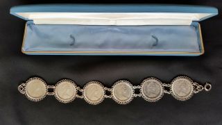 Vintage Sterling Silver Bracelet Set With 6 Five Pence Decimal Coins - 1969
