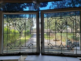 Antique American Leaded Glass Window Pair