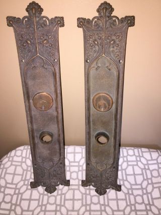 Antique Set Of (2) Victorian Art Nouveau Cast Iron Door Back Plates 16.  5” X 3”