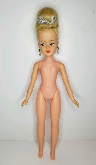 Vintage 1950s Hard Plastic Mold Doll 11 1/2 " W/ Earrings & Painted Eyelashes
